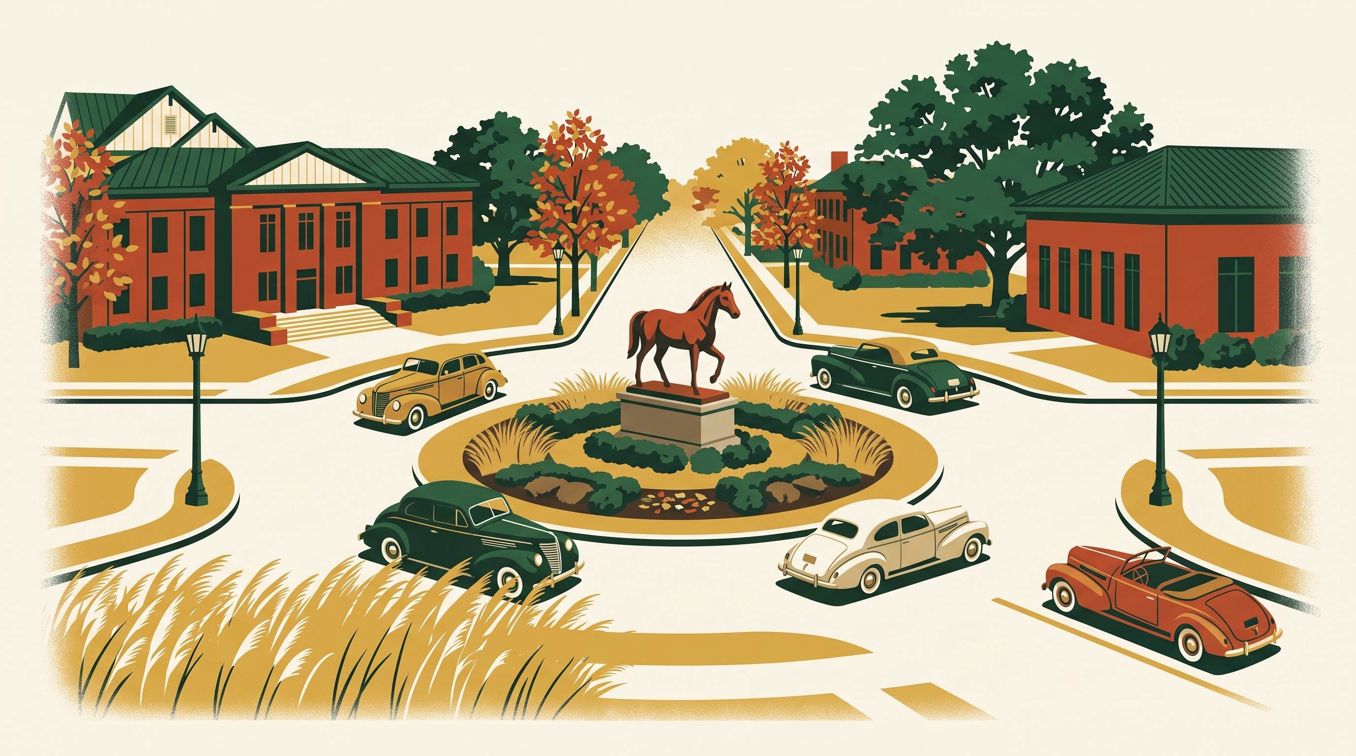 Illustration of a Milton roundabout with a horse statue at its center