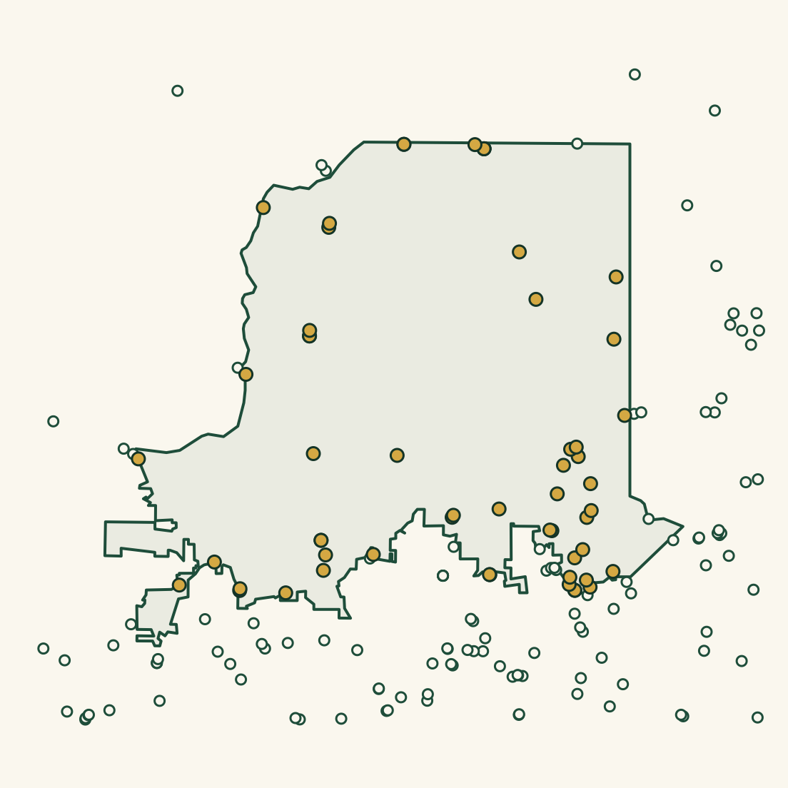 Map of Milton, Georgia showing 55 license plate cameras pinned inside the city limits as gold dots and 138 just outside the line as hollow dots, with the city boundary drawn