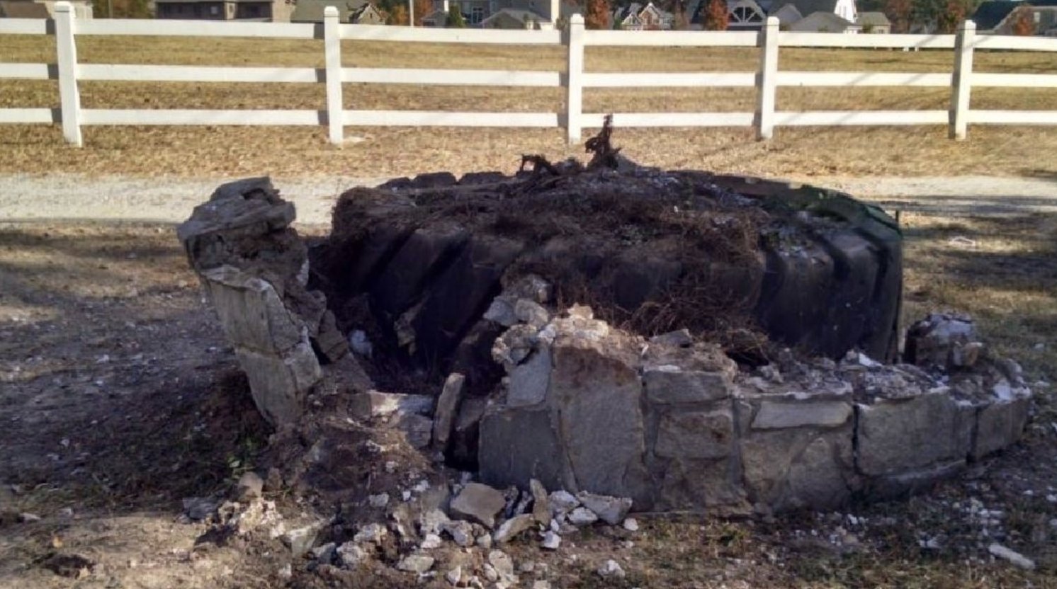 The stone planter on Batesville Road, photographed after the crash